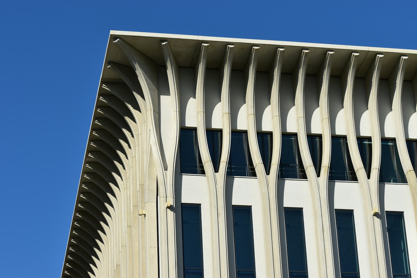 Modern building facade with wave-like concrete ribs against blue sky.